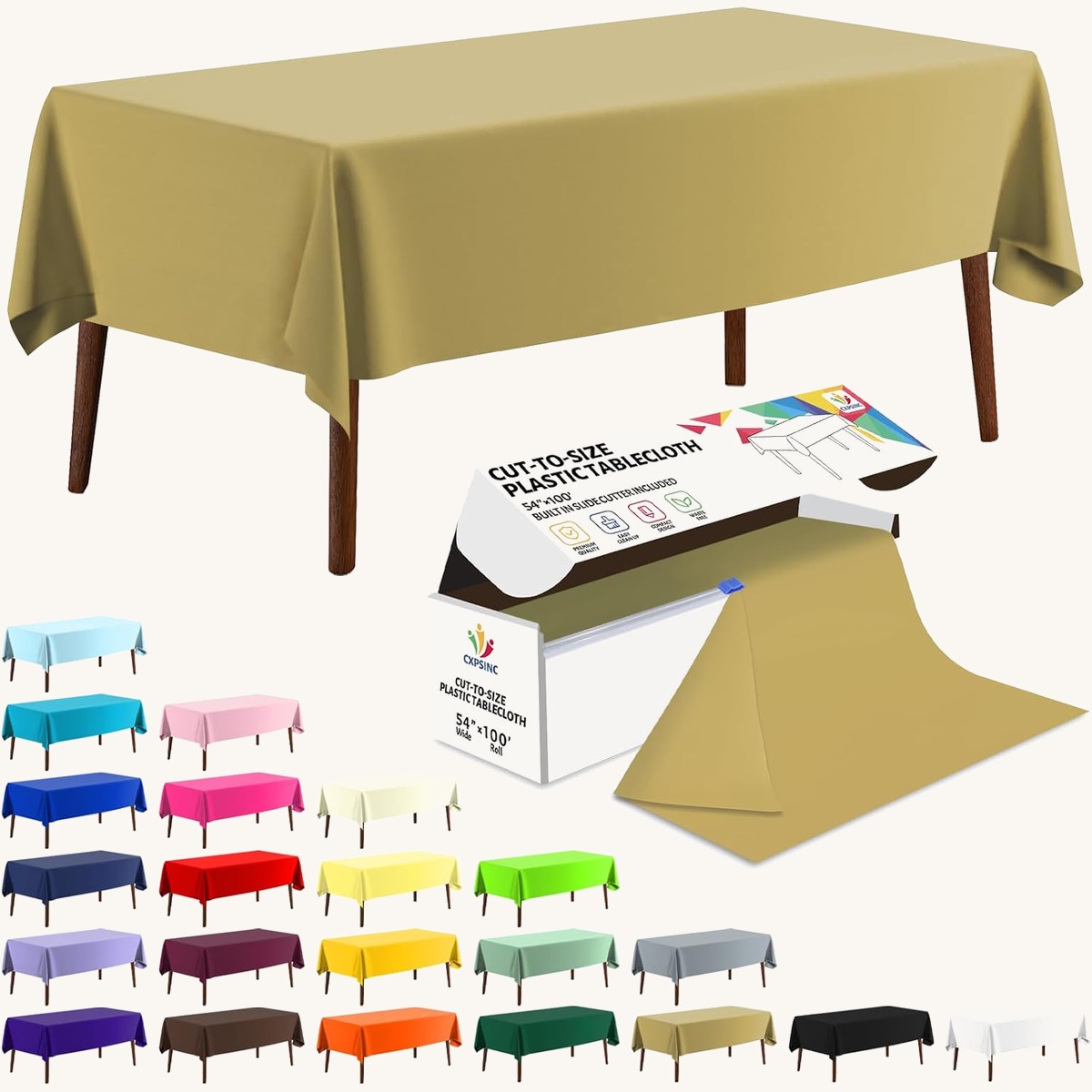 CXPSINC Gold table cover roll, 54 in x 100 ft