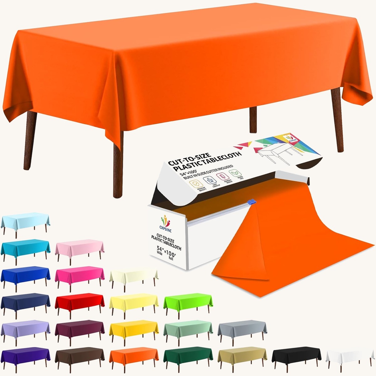 CXPSINC 54 Inch X 100 Feet Plastic Table Cover Roll Disposable Tablecloth with S…