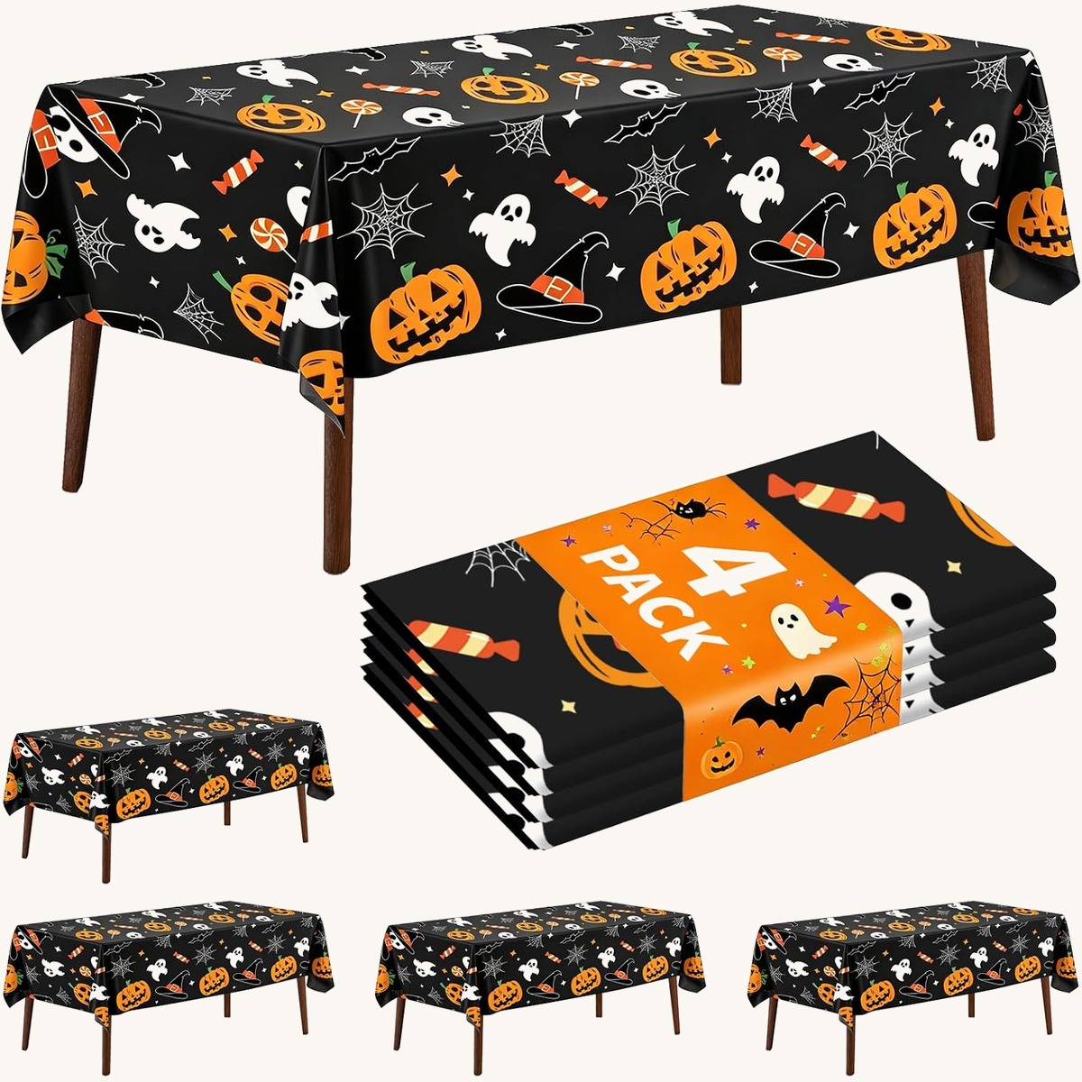 CXPSINC 4 Pack Halloween Tablecloth,54' x 108' Pumpkin Ghost Rectangular Plastic Table C…