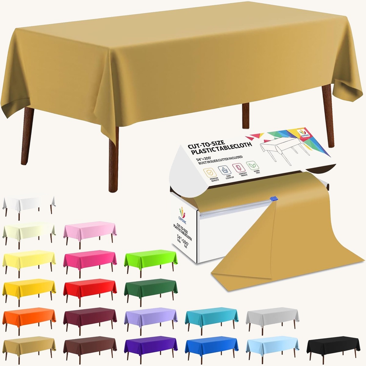 CXPSINC Gold table cover roll, 54 in x 200 ft