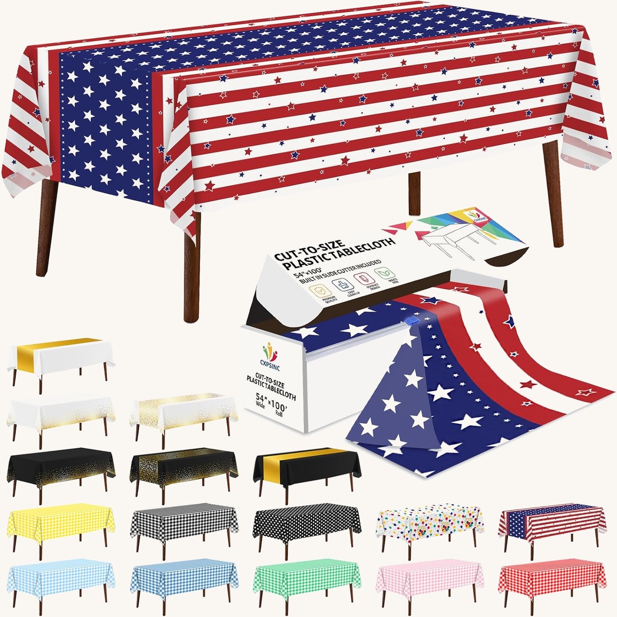 CXPSINC Patriotic printed table cover roll, 54 in x 100 ft