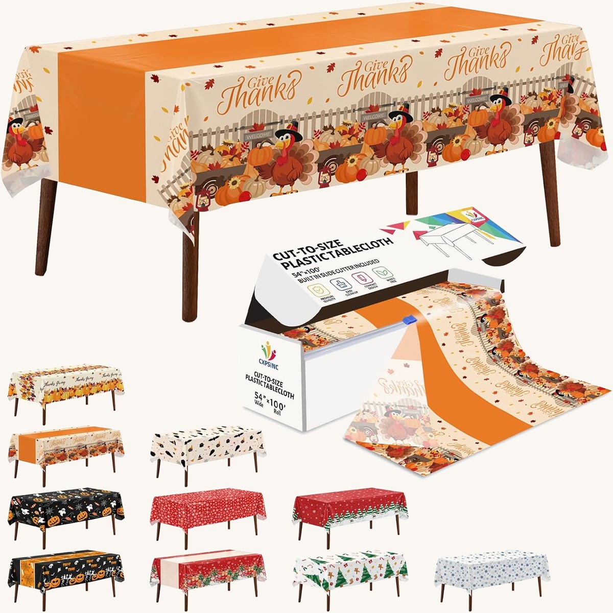 CXPSINC Thanksgiving printed table cover roll, 54 in x 100 ft
