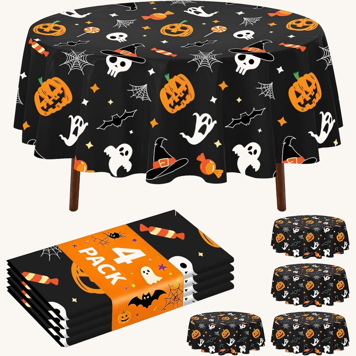 CXPSINC 4 Pack Halloween Tablecloth,84' Round Pumpkin Ghost Plastic Table Cloth Large Si…